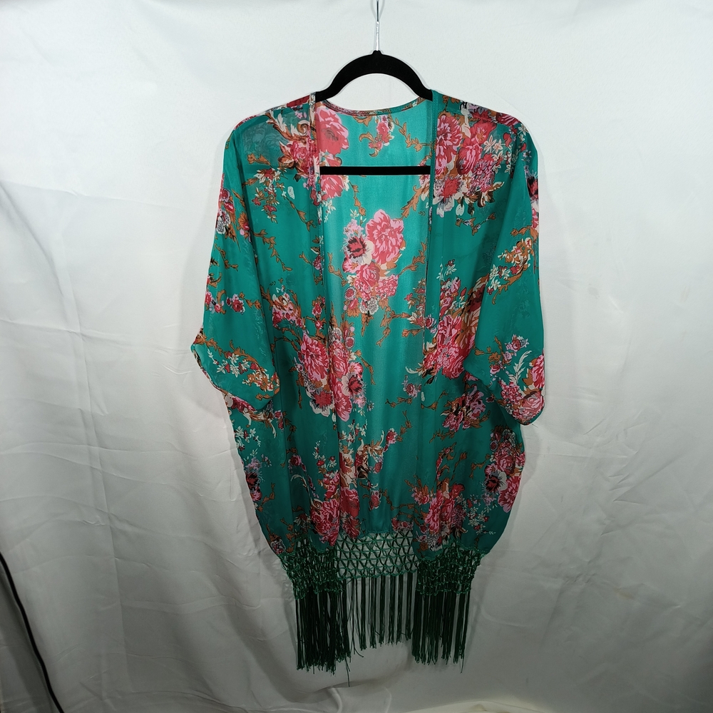 Women's Boho Floral Print Macrame Fringe Kimono Turquoise and Pink One Size